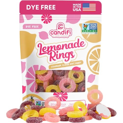 Candifi Dye Free Candy (8 oz) - Lemonade Rings - Sour-Sweet Vegan Pink Lemonade Gummy Rings - Sour Gummies Natural Candy, Non GMO – Kosher, No
