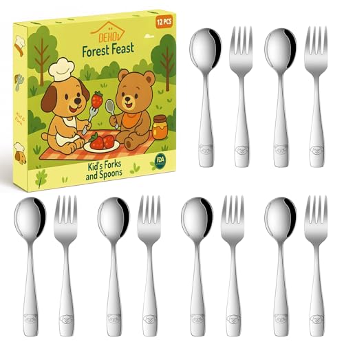 DEHOV Toddler Eating Utensils Set,Set Of 12 Food Grade Stainless Steel Silverware Sets For Kids,Dishwasher Safe Children Small Metal Spoons And Forks