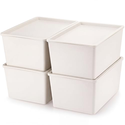 Menkxi 4 Pcs Storage Bins with Lids, Beige, Large