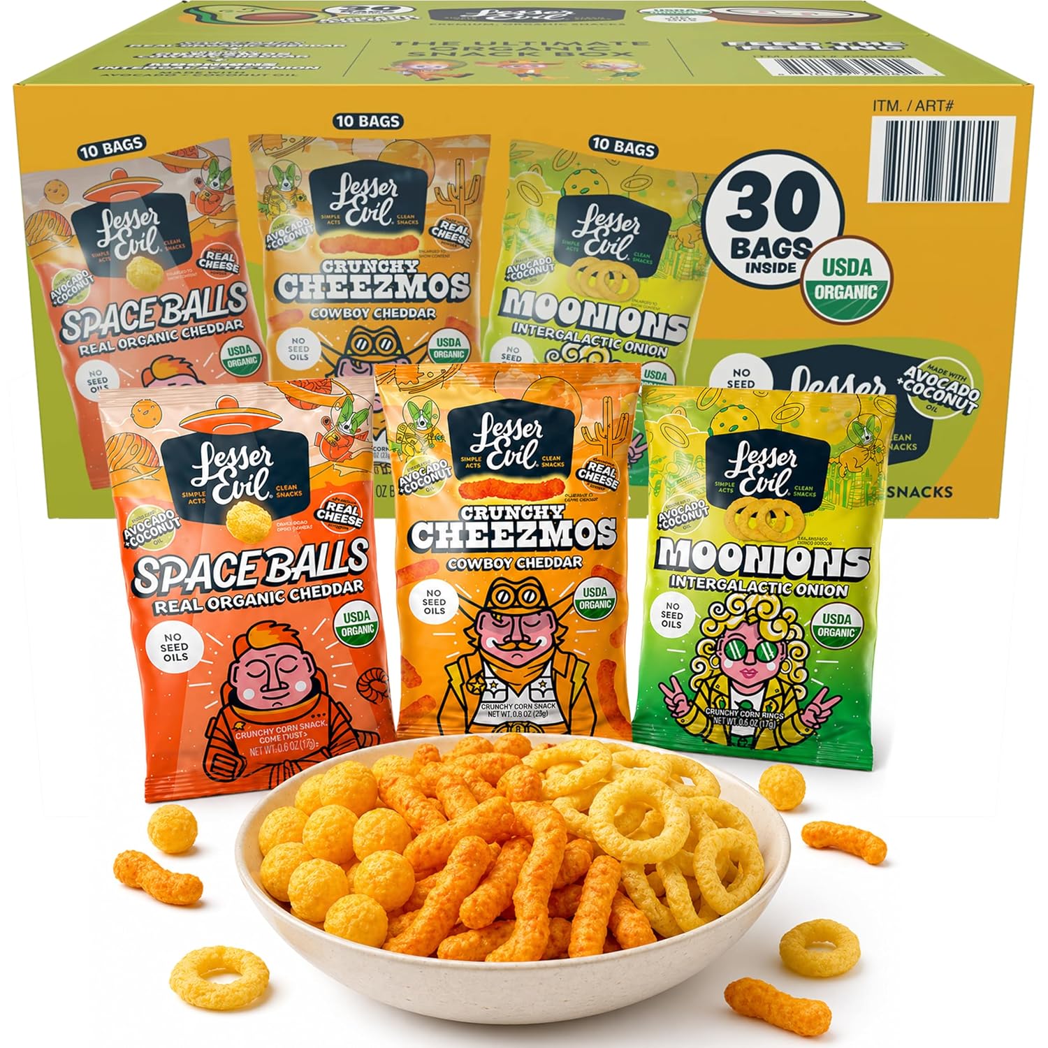 Lesser evil cheese balls, cheese curls, onion rings