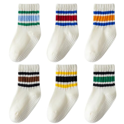 Wamvp Toddler Grip Socks with Non-Slip Unisex Baby Stripe Crew Cotton Socks