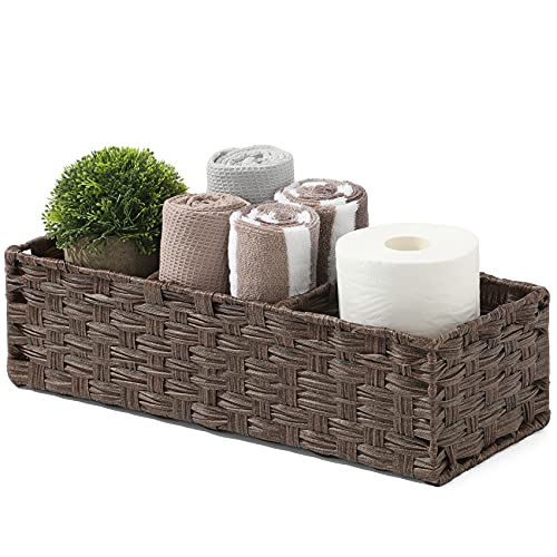 [Larger Compartments] Toilet Tank Topper Paper Basket - Multiuse Hand Woven Plastic Wicker Basket with Divider for Organizing, Rustic Farmhouse