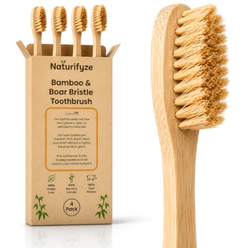 Naturifyze Boar Bristle & Bamboo Toothbrush (4 Pack) - Premium Boar Bristles - Biodegradable - Plastic & Nylon Free - Bamboo & Boar Bristle
